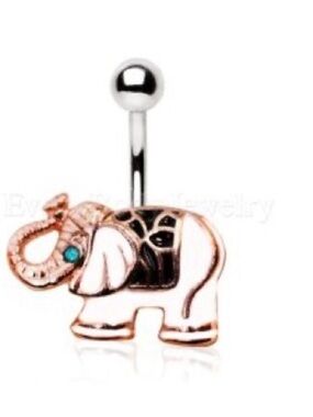Rose Gold Elephant Belly Button Ring with Turquoise Accent